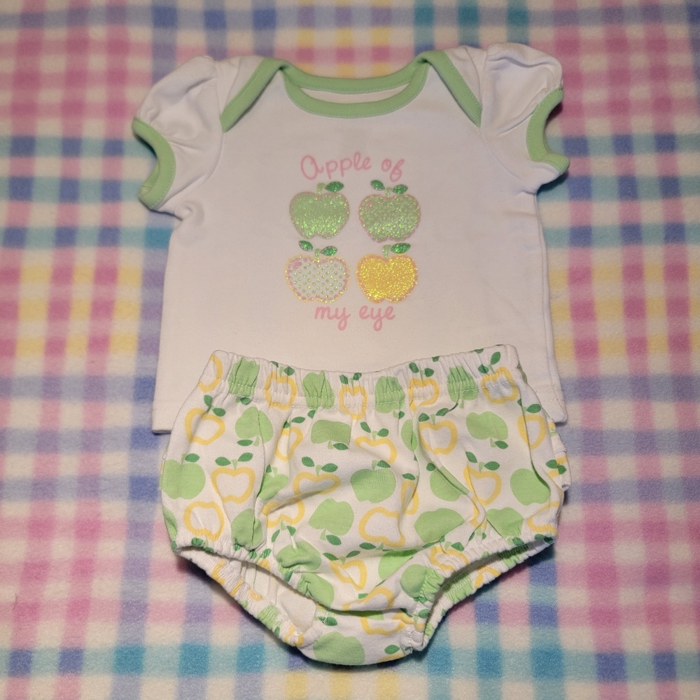 BABYWORKS 🍏 Sweet 2pc Green Yellow White "APPLE OF MY EYE" Ruffled Outfit 0-3M